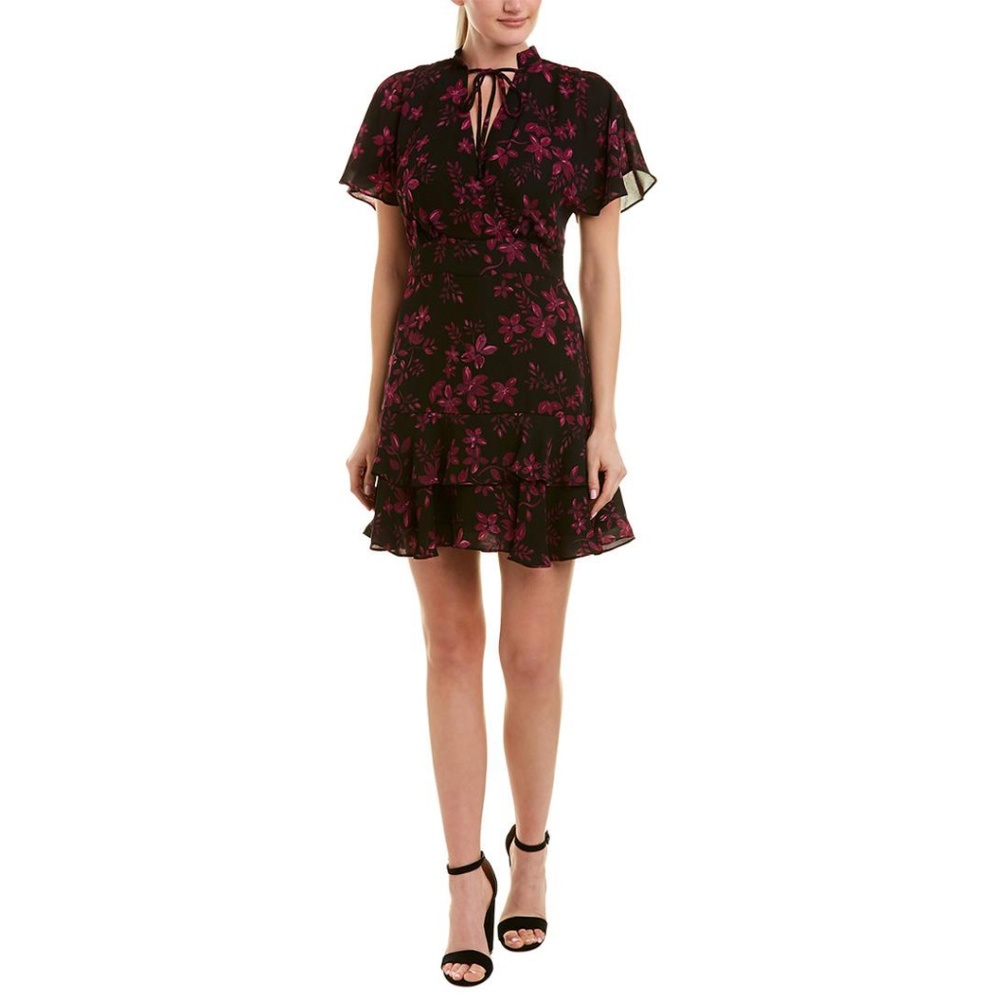 parker • midnight fleur tie neck black purple floral tiered cap sleeve dress